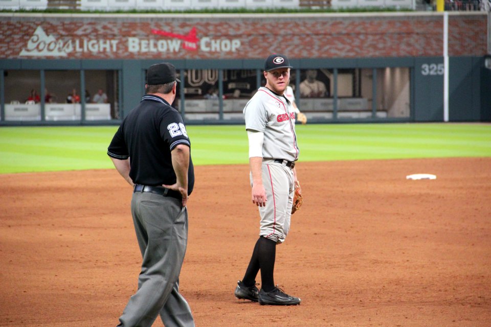 May 2017 GT vs. UGA baseball - Umpire with UGA player