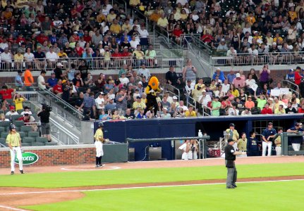 May 2017 GT vs. UGA baseball - Buzz dancing on dugout 4