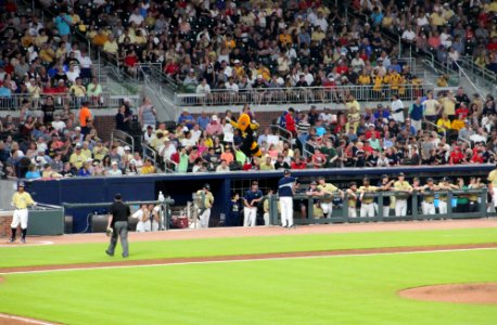 May 2017 GT vs. UGA baseball - Buzz dancing on dugout 5