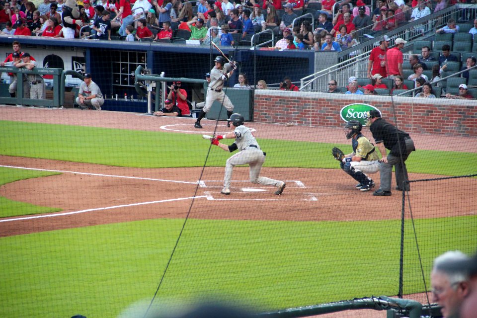 May 2017 GT vs. UGA baseball - Austin Biggar bunt attempt