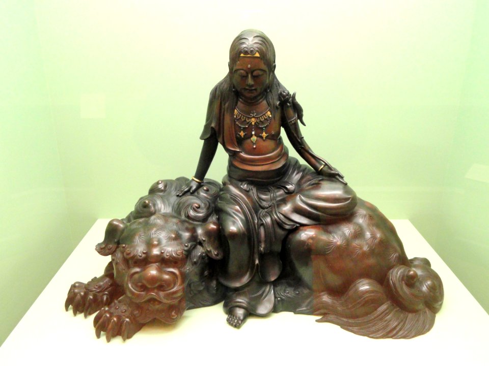 Monju (Manjushri), view 1, c.1750, Japan, unknown artist, bronze with gold highlights - George Walter Vincent Smith Art Museum - DSC03839