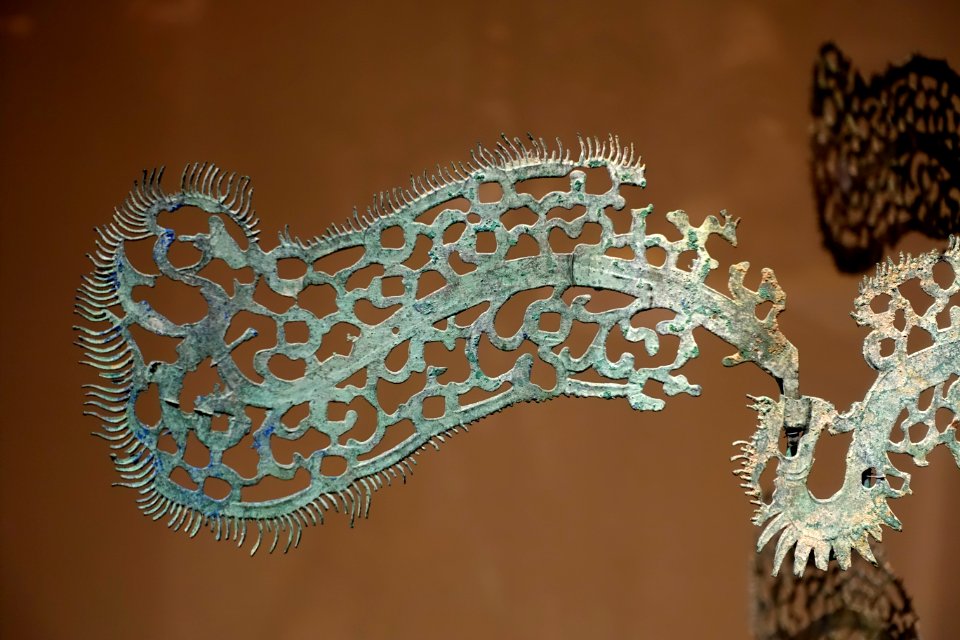 Money tree detail (yao qian shu), probably Yunxian, Hubei province, China, Eastern Han period, 100s AD, cast bronze, glazed earthenware base - Portland Art Museum - Portland, Oregon - DSC08517