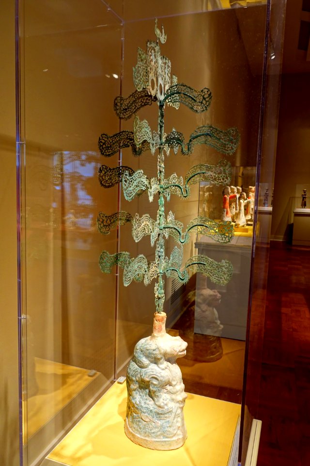 Money tree (yao qian shu), probably Yunxian, Hubei province, China, Eastern Han period, 100s AD, cast bronze, glazed earthenware base - Portland Art Museum - Portland, Oregon - DSC08512