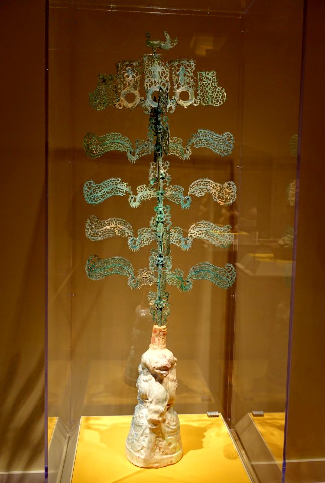 Money tree (yao qian shu), probably Yunxian, Hubei province, China, Eastern Han period, 100s AD, cast bronze, glazed earthenware base - Portland Art Museum - Portland, Oregon - DSC08510
