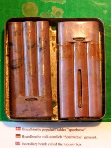 Money-box incendiary bomb, photographed at the Aalborg Forsvars- og Garnisonsmuseum
