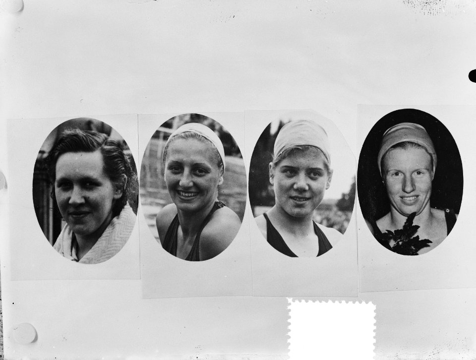 Montage Nederlandse estafetteploeg 4x100 meter vrij bij Olympiische Spelen Irma, Bestanddeelnr 905-2457