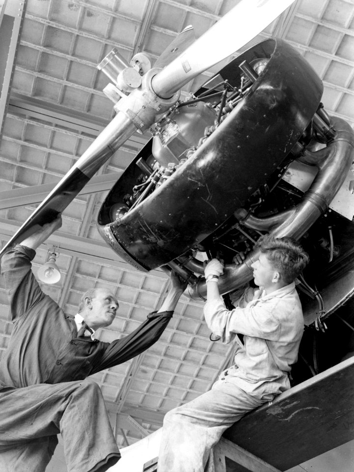 Monteurs bij een propeller van de Arend van Fokker in de hangar, Bestanddeelnr 190-0084