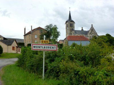 Mont-Laurent (Ardennes) city limit sign and church