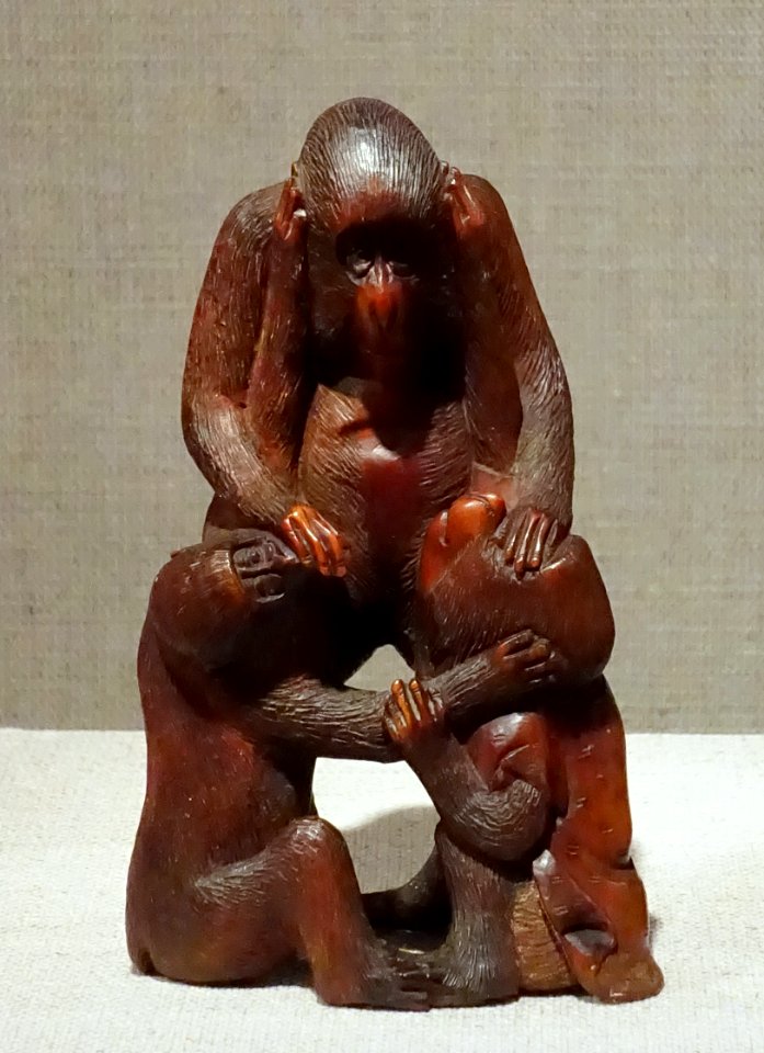Mizaru, Kinkazaru, and Iwazaru, okimono, Japan, c. 1880 AD, boxwood - Spurlock Museum, UIUC - DSC06043