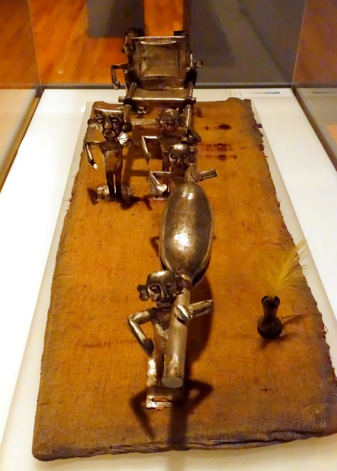 Model funeral cortege, Peru, Chancay-Chimu, north central coast, c. 1400 AD, view 1, silvered copper, cotton, reeds, feathers - Krannert Art Museum, UIUC - DSC06447