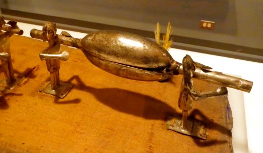 Model funeral cortege, Peru, Chancay-Chimu, north central coast, c. 1400 AD, view 3, silvered copper, cotton, reeds, feathers - Krannert Art Museum, UIUC - DSC06451
