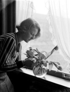 Model Eva Waldschmidt schikt tulpen en een vaas bij het raam, Bestanddeelnr 252-1137