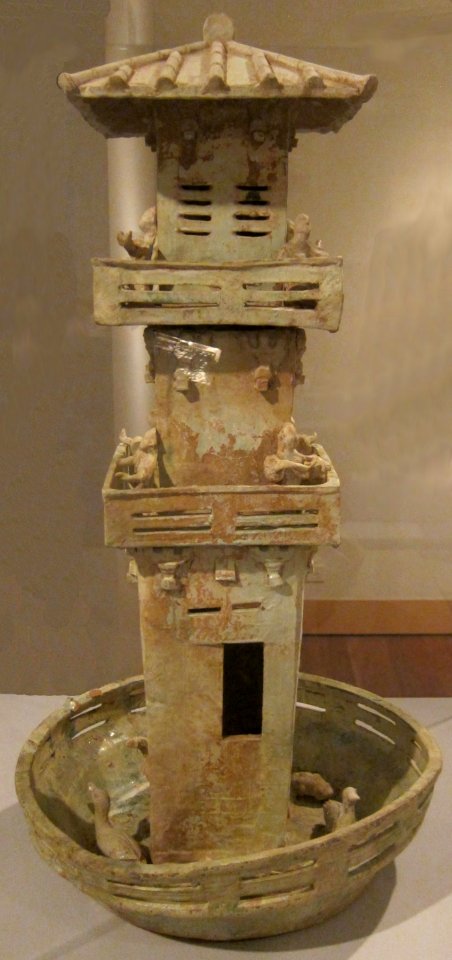 Model of a watch tower with archers, Han dynasty, earthenware with glaze, Honolulu Museum of Art