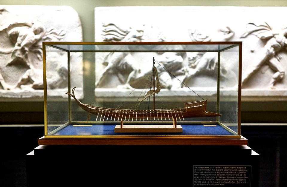Model of a penticonter (pentikontoros) at Athens War Museum on 12 April 2019