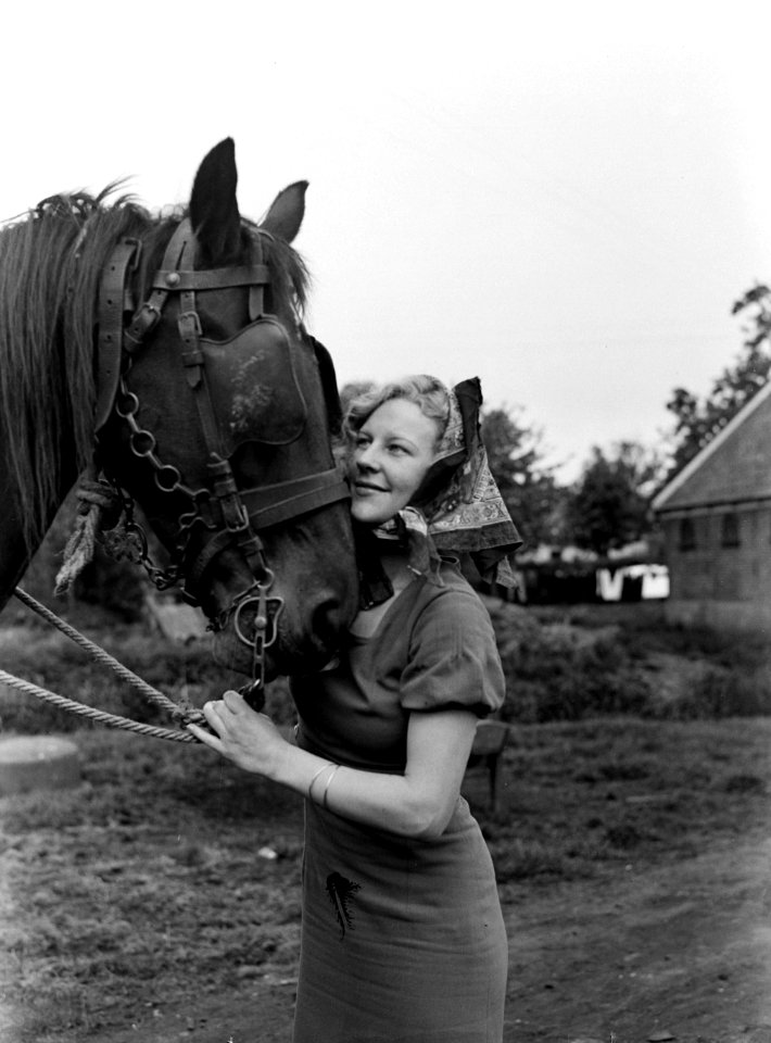 Model Eva Waldschmidt in Broek in Waterland met een paard, Bestanddeelnr 189-0432