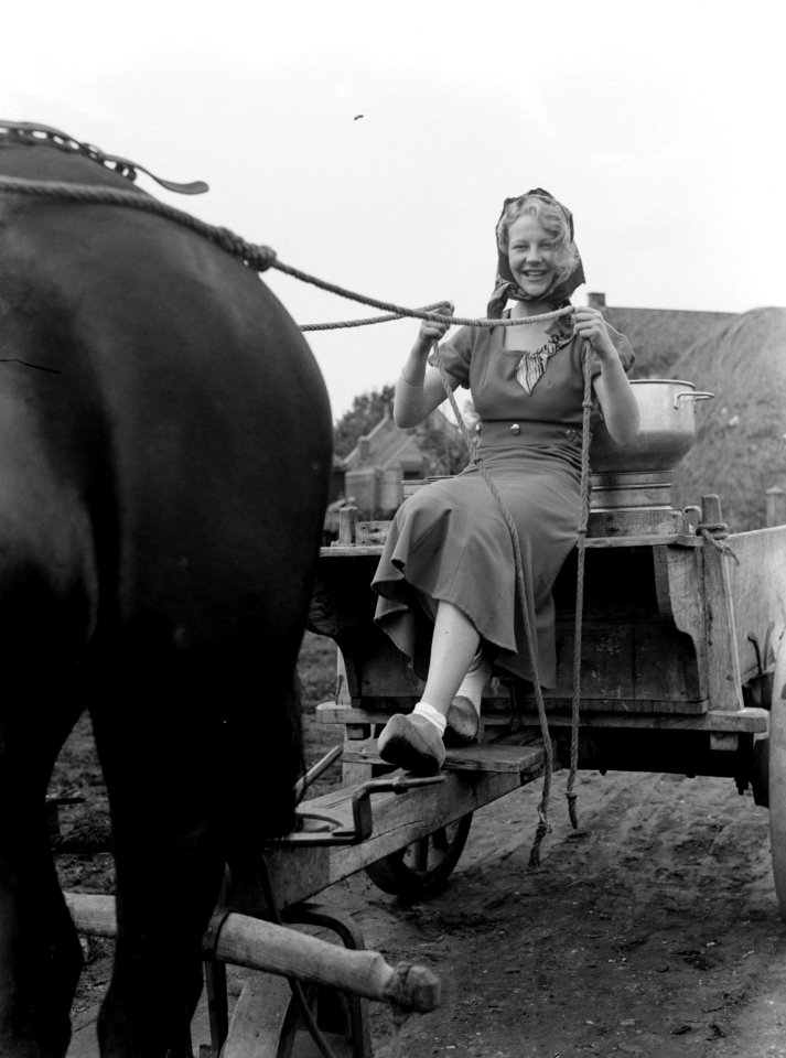 Model Eva Waldschmidt in Broek in Waterland op een paard en wagen, Bestanddeelnr 189-0435