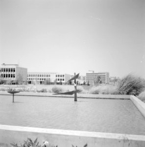 Moderne kunst buiten in een waterpartij op de campus van de Hebrew University , Bestanddeelnr 255-2417