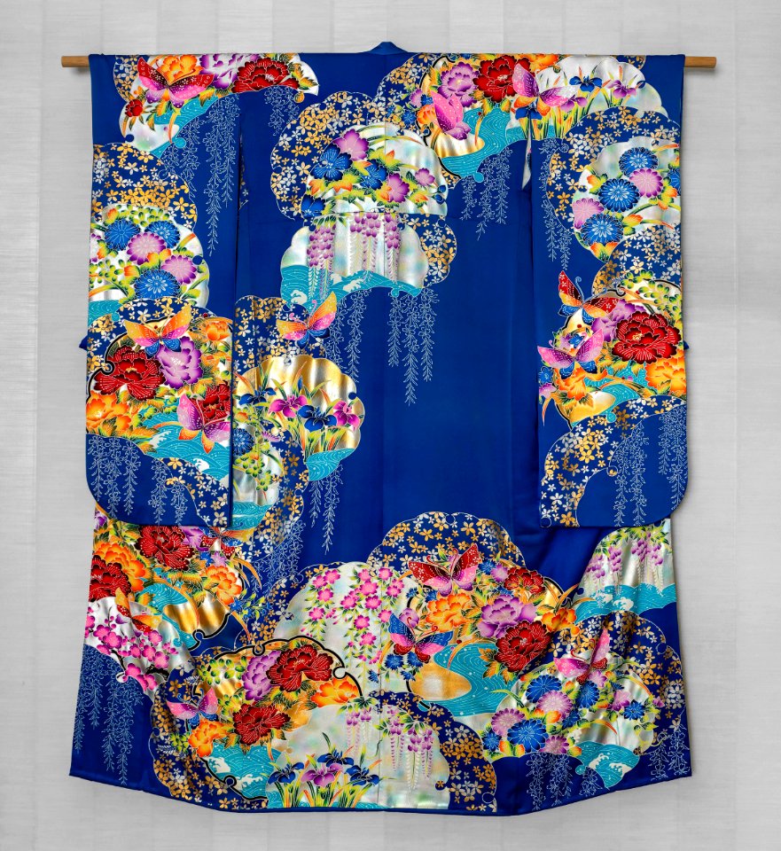 Modern furisode kimono with printed pattern