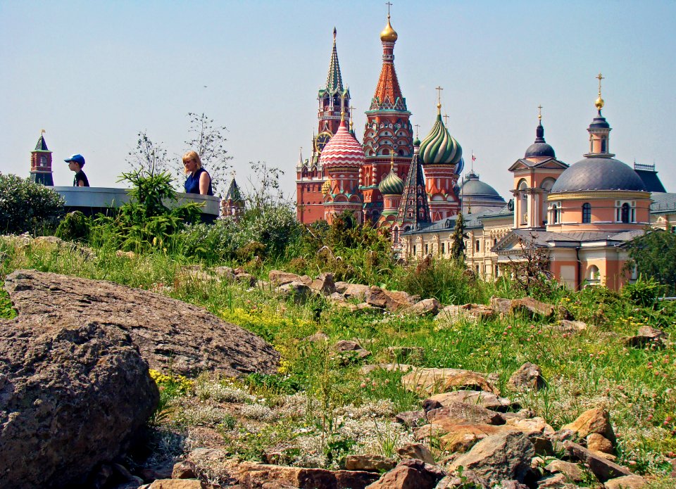 Moscow, Zaryadye Park. View to Saint Basil's Cathedral (at left) and Church of Saint Barbara (at right)