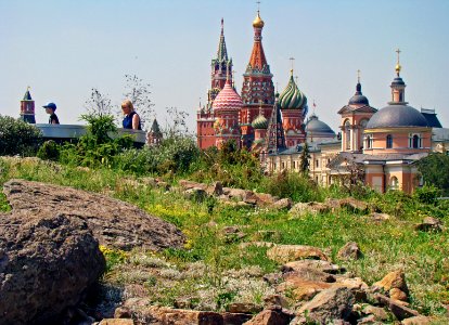 Moscow, Zaryadye Park. View to Saint Basil's Cathedral (at left) and Church of Saint Barbara (at right)
