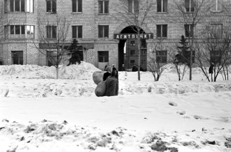 Moskou, nummer 31 vrouwen met zak op rug in sneeuw, Bestanddeelnr 920-1210