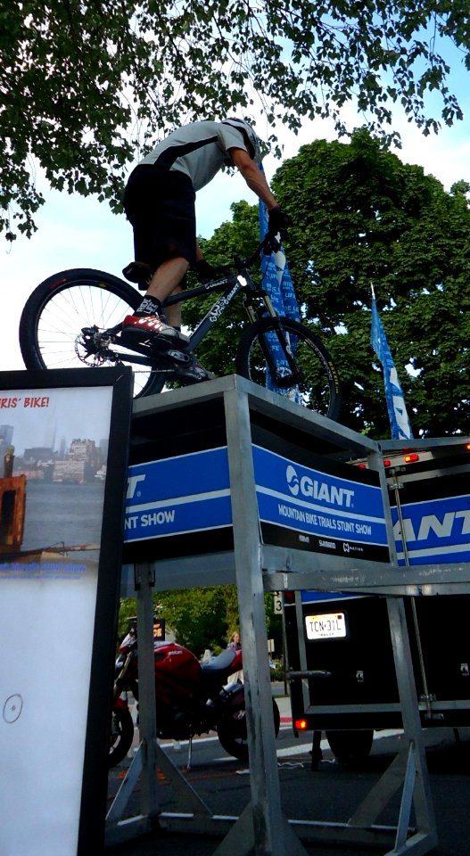 Mountain bike stunt cyclist Chris Clark during a show