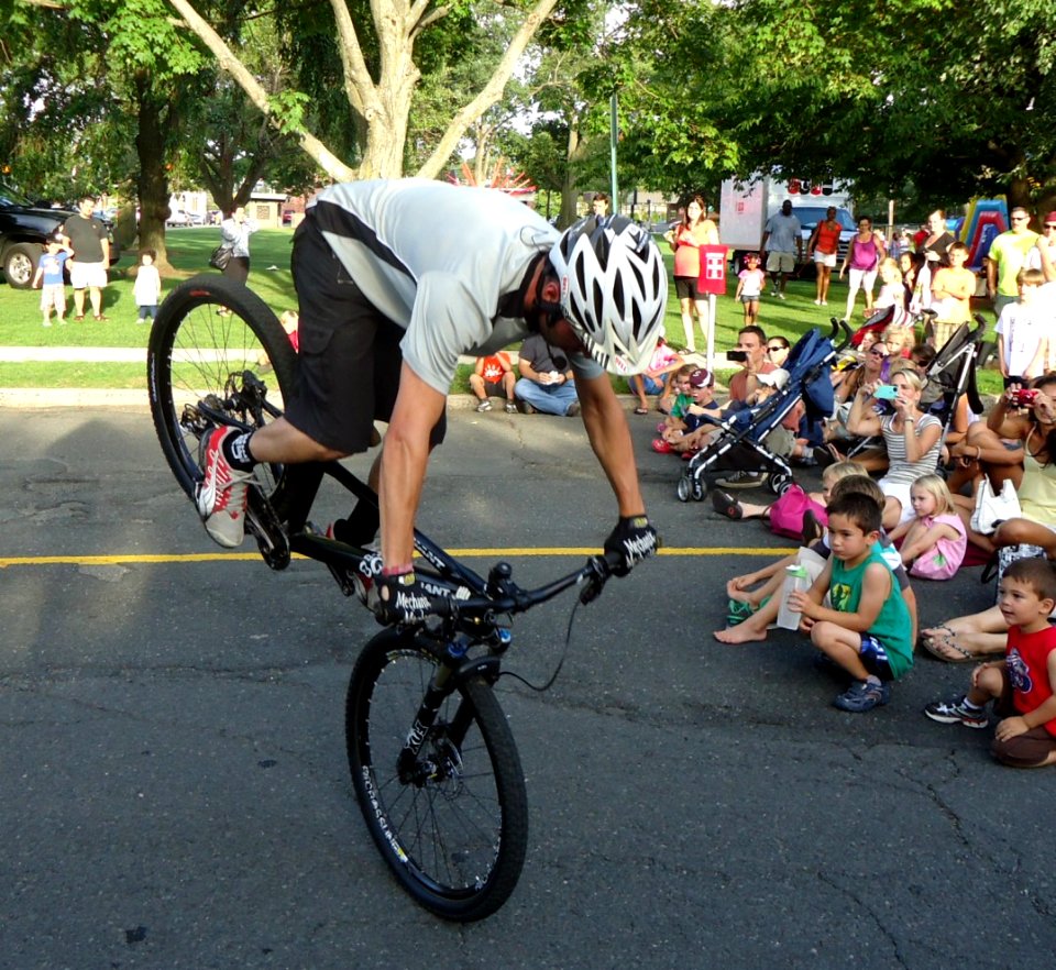 Mountain bike cyclist Chris Clark demonstrates a maneuver