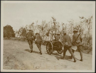 Mountain battery going into position. Two views show special screened roads., Bestanddeelnr 158-2175