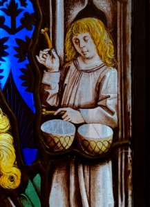 Mother of God enthroned, by Peter Hemmel von Andlau, view 3, from the Nonnberg monastery in Salzburg, Upper Rhine, c. 1480, stained glass - Hessisches Landesmuseum Darmstadt - Darmstadt, Germany - DSC00423