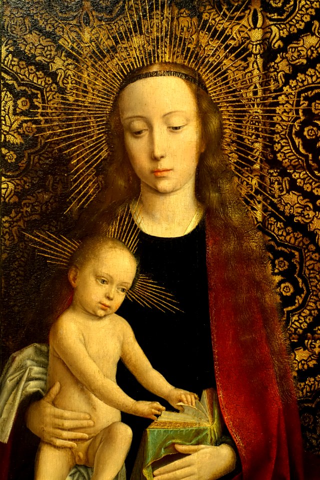 Mother of God Enthroned with Angel Musicians, by Ambrosius Benson, Brugge, 1520-1530, oil on oak, view 2 - Hessisches Landesmuseum Darmstadt - Darmstadt, Germany - DSC01304