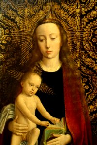 Mother of God Enthroned with Angel Musicians, by Ambrosius Benson, Brugge, 1520-1530, oil on oak, view 2 - Hessisches Landesmuseum Darmstadt - Darmstadt, Germany - DSC01304