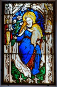 Mother of God enthroned, by Peter Hemmel von Andlau, view 1, from the Nonnberg monastery in Salzburg, Upper Rhine, c. 1480, stained glass - Hessisches Landesmuseum Darmstadt - Darmstadt, Germany - DSC00419