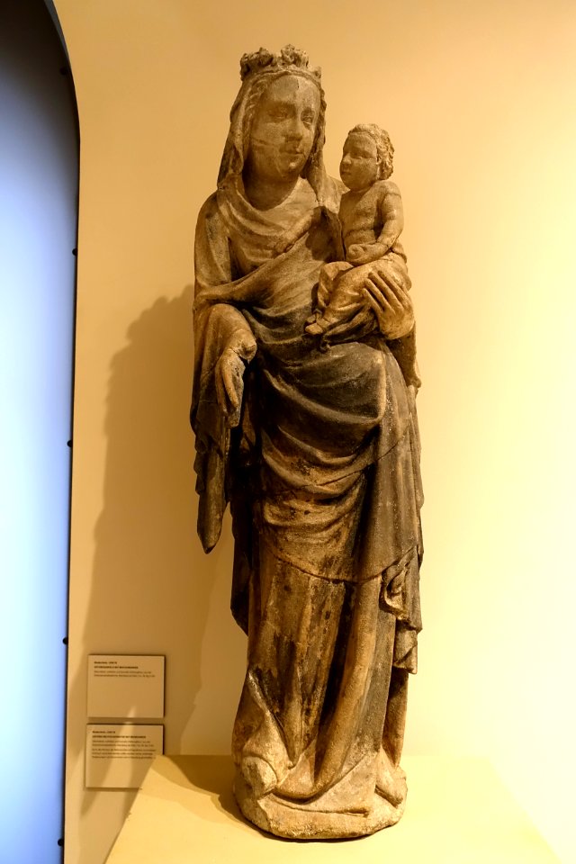 Mother of God standing, probably from St. Jakobus in Rudesheim, Middle Rhine, 1360-1370, sandstone - Hessisches Landesmuseum Darmstadt - Darmstadt, Germany - DSC00152