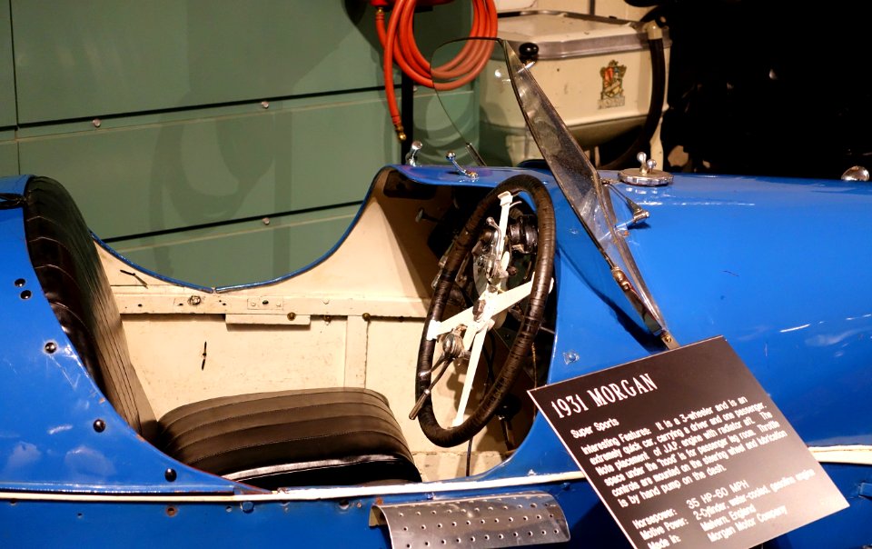 Morgan Super Sports 3-wheeler, 1931, made by the Morgan Motor Co., Malvern, England, 35 HP, 2 cylinder, gasoline engine - Luray Caverns Car and Carriage Museum - Luray, Virginia - DSC01320