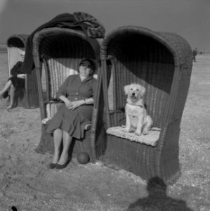 Mooi weer aan het strand te Zandvoort. Bazin en hond in strandstoel, Bestanddeelnr 912-1736