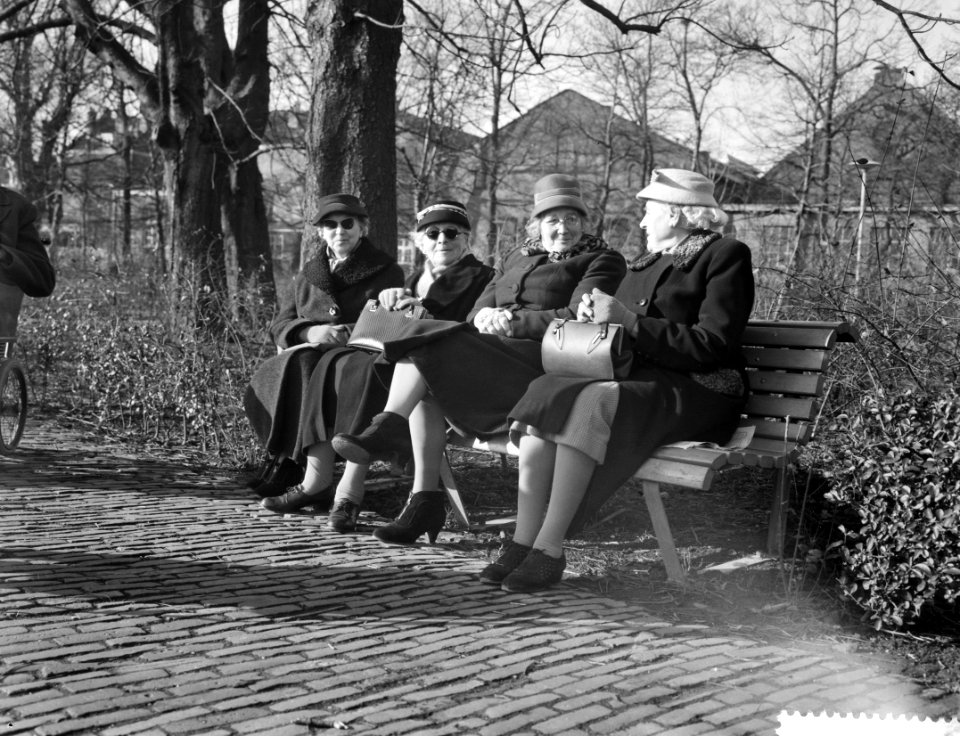 Mooi weer in het Vondelpark, dames op de bank, Bestanddeelnr 911-0422