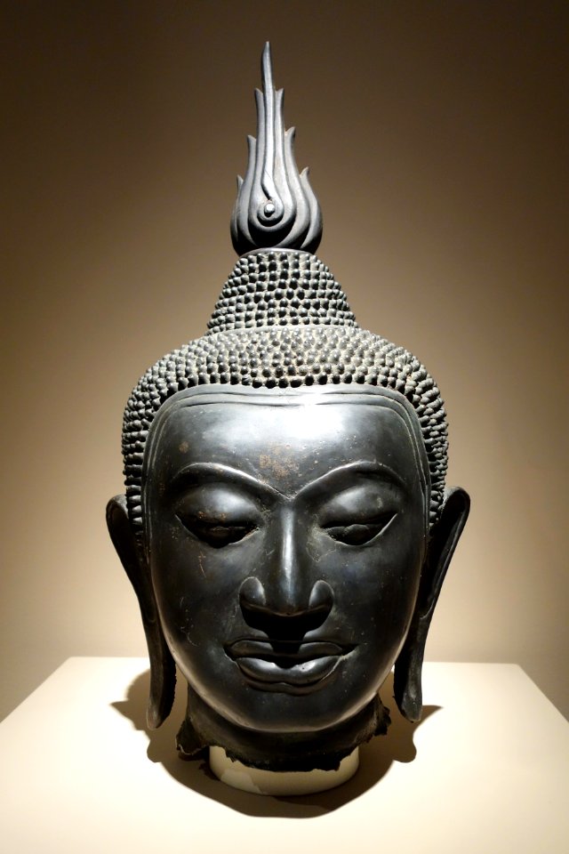 Monumental Head of Buddha, Thailand, second U-T'ong type, 14th-15th century AD, bronze with black patina and wood - Chazen Museum of Art - DSC01703