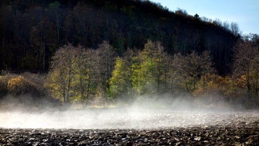 Morning mist lifting from plowed field 2