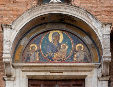 Mosaic Madonna and Child pediment side entrance Church Santa Maria in Aracoeli, Rome, Italy photo