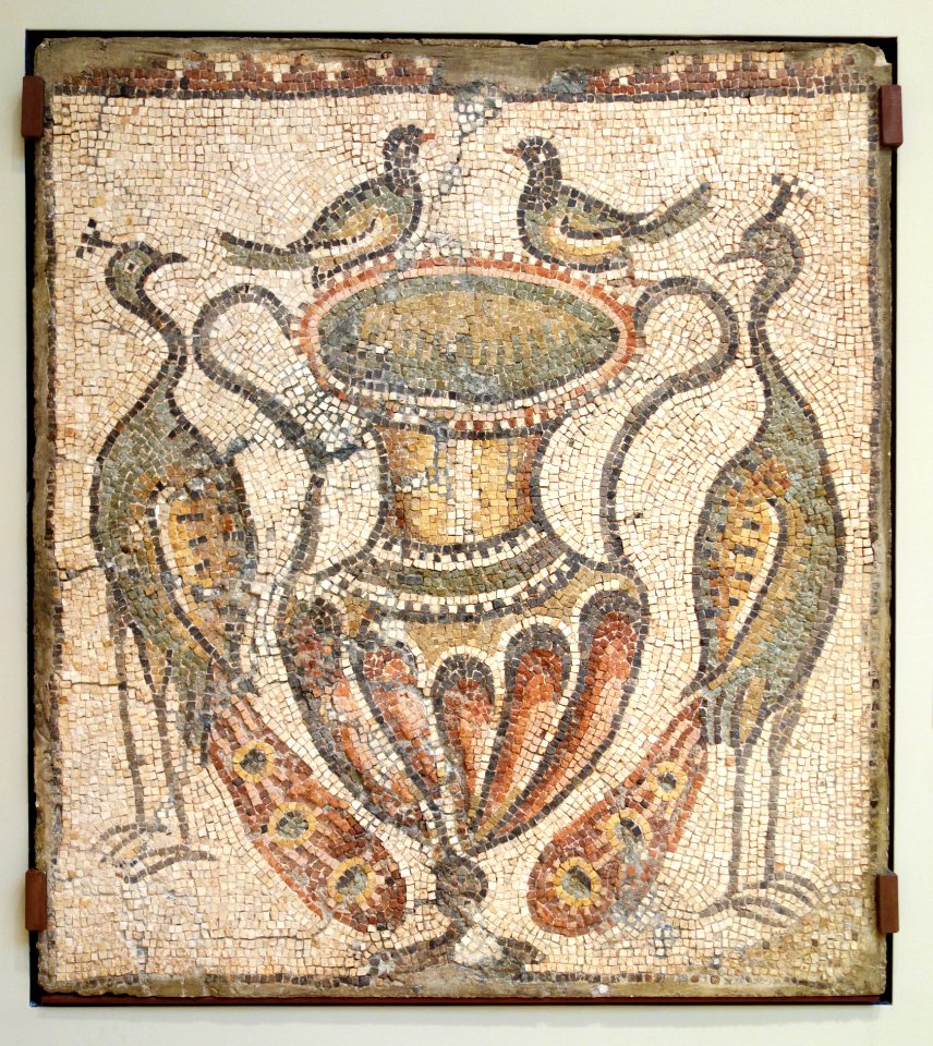 Mosaic of Amphora with Doves on Rim, Flanked by Peacocks, Roman, Homs, Syria, 450-462 AD, polychrome marble tesserae - Chazen Museum of Art - DSC01906