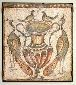 Mosaic of Amphora with Doves on Rim, Flanked by Peacocks, Roman, Homs, Syria, 450-462 AD, polychrome marble tesserae - Chazen Museum of Art - DSC01906