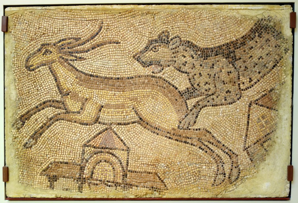 Mosaic of Leopard Chasing a Gazelle, Roman, Homs, Syria, 450-462 AD, polychrome marble tesserae - Chazen Museum of Art - DSC01919
