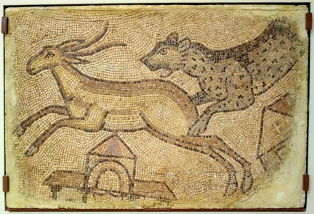Mosaic of Leopard Chasing a Gazelle, Roman, Homs, Syria, 450-462 AD, polychrome marble tesserae - Chazen Museum of Art - DSC01919
