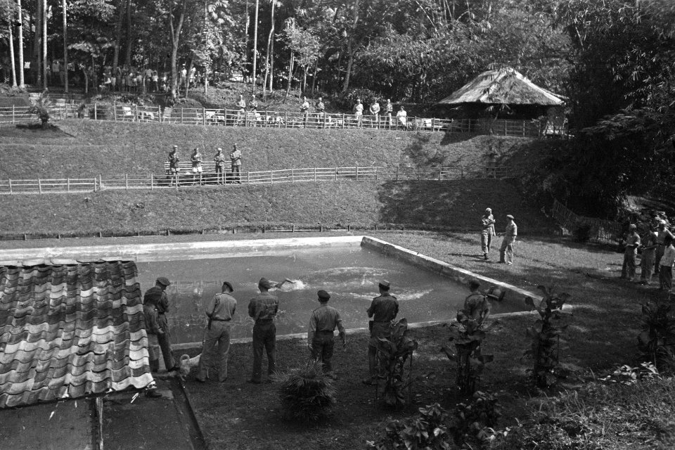 Militairen in een plaatsje nabij Purwakarta (West-Java) hebben een zwembad, dat , Bestanddeelnr 462