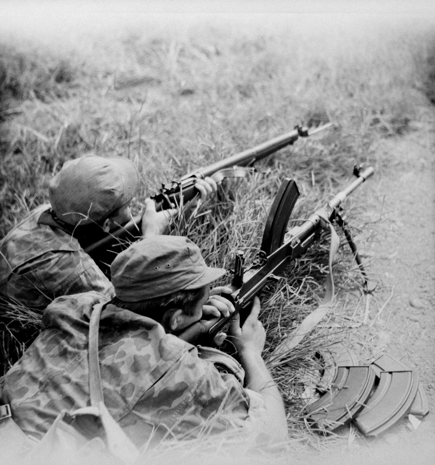 Militairen liggen met wapens iin aanslag n het gras, Bestanddeelnr 10814