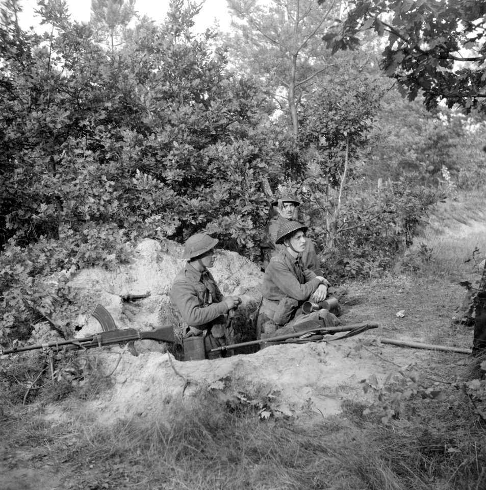 Militairen van de Irish Guards ingegraven aan de bosrand van Aalst, Bestanddeelnr 255-9034