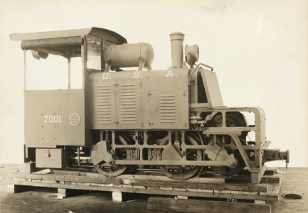 Military Administration - Transportation - Rail - 60 CM GAUGE GASOLINE 50 HORSE-POWER LOCOMOTIVE FOR U.S. FORCES OVERSEAS. Weight in working order 14,000 lbs - NARA - 45501784 (cropped)