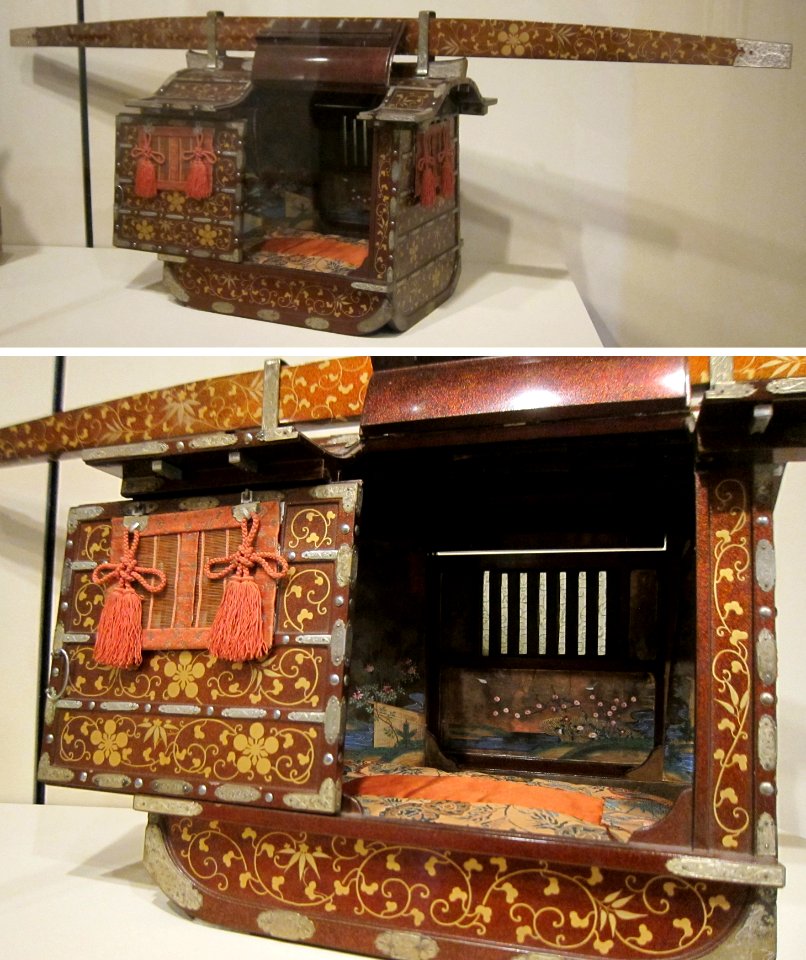 Miniature palanquin, 19th century, lacquered wood, bronze, gold, silk, pigments, Honolulu Museum of Art