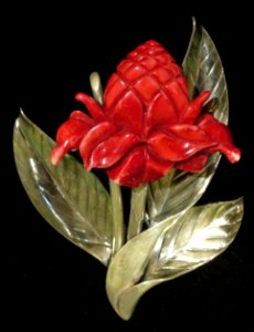 Ming's of Honolulu red ivory torch- ginger pin and earrings set with sterling leaves
