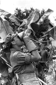 Militair drink uit een mok. Hij draagt handschoenen en een leren band om zijn m…, Bestanddeelnr 6156